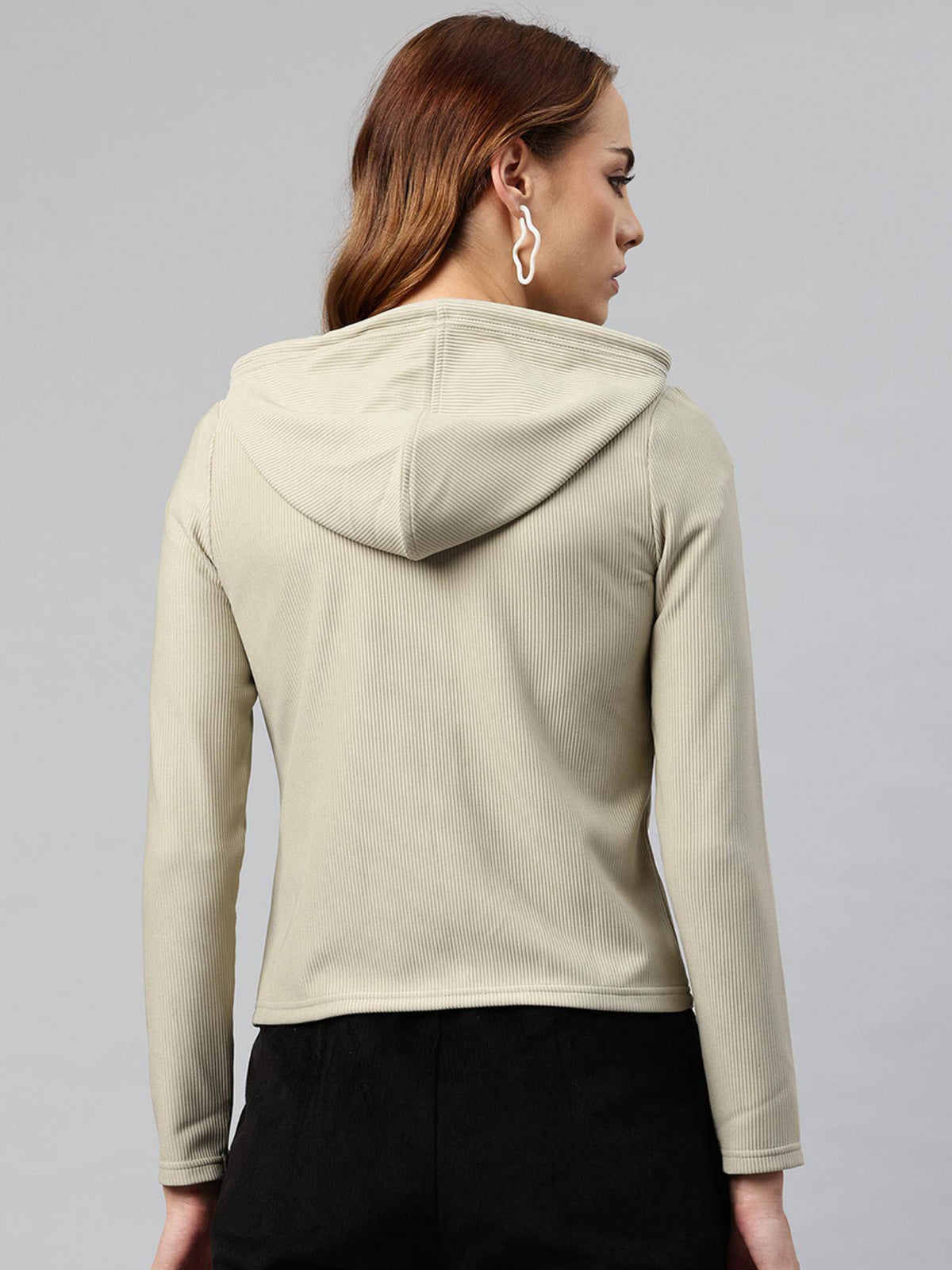 Women Beige Ribbed Hooded Sweatshirt | HD56 - view 4