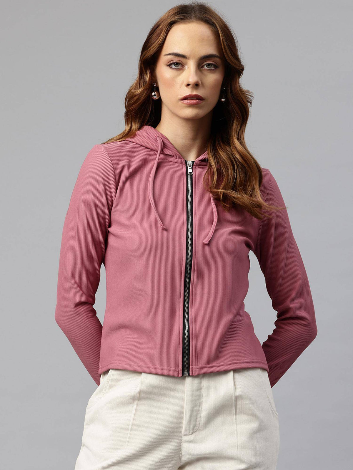 Women Beige Ribbed Hooded Sweatshirt | SS90 - view 5