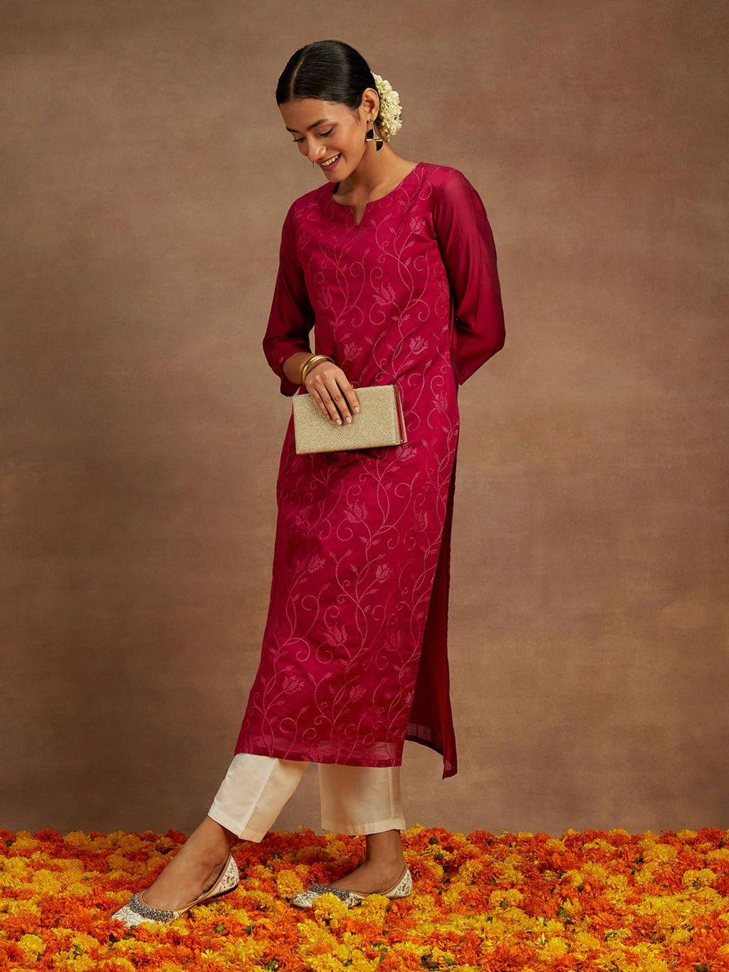 Women Pink Chanderi Silk Thread Work Straight Kurta | U3S - view 5