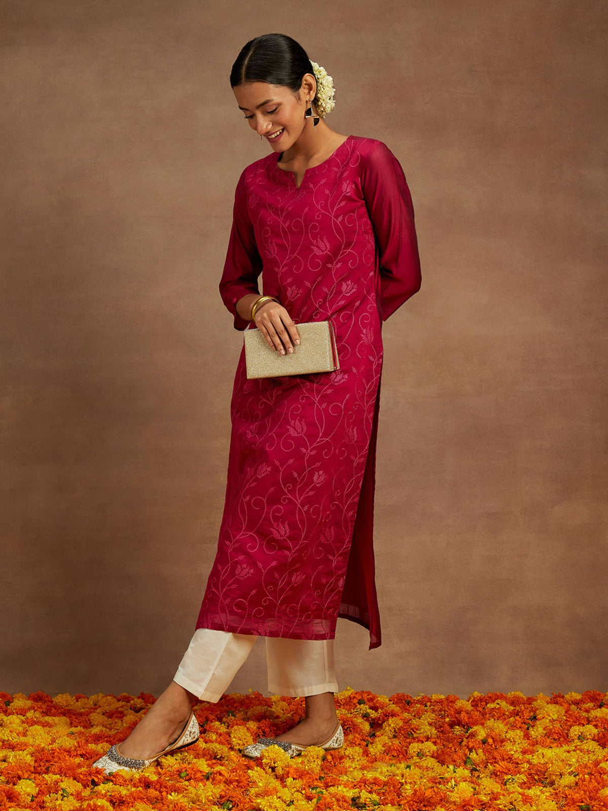 Women Pink Chanderi Silk Thread Work Straight Kurta | U3S - view 5