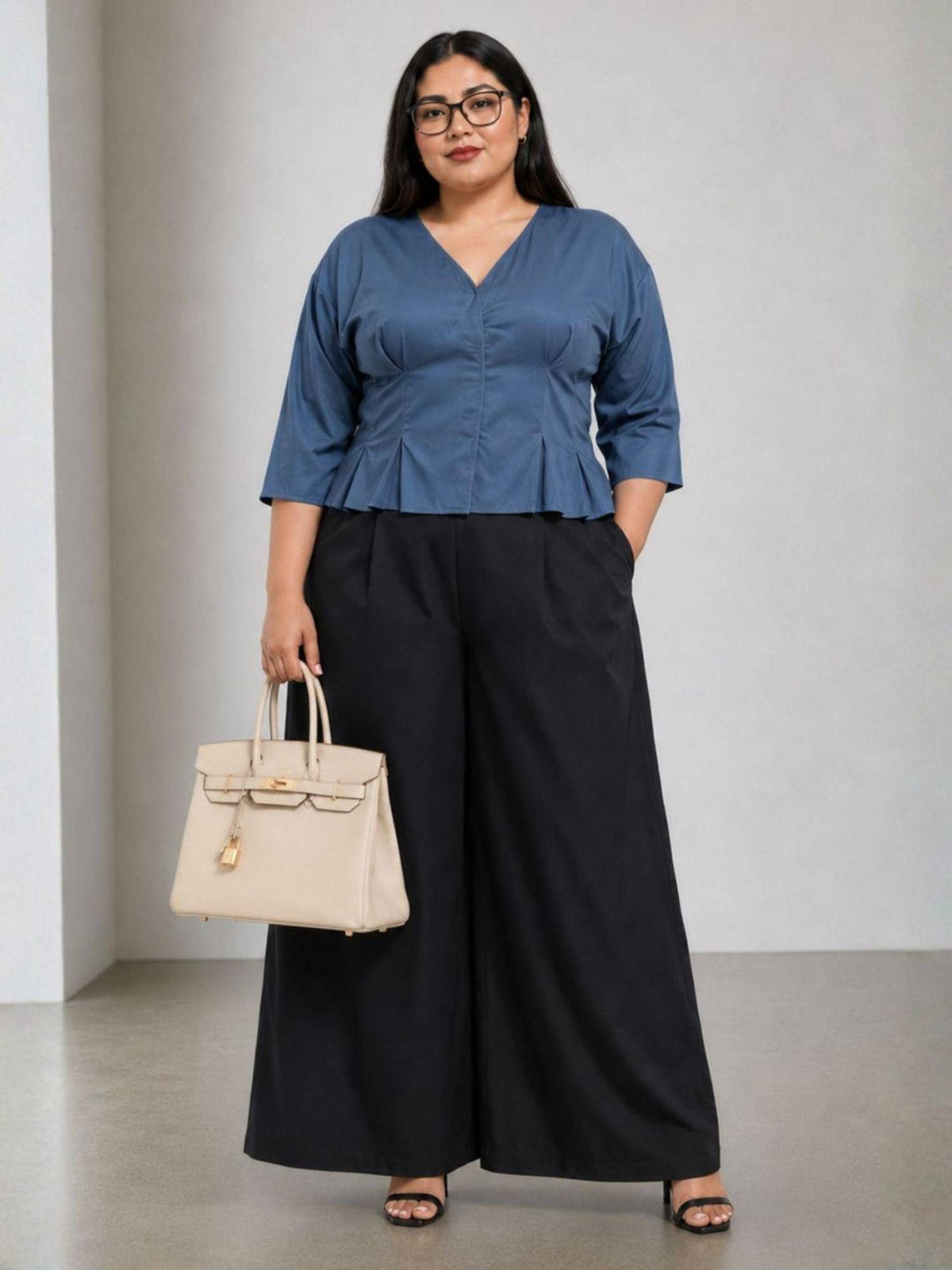 Blue Viscose Pleated Wrap Peplum Top | pt51 - view 1