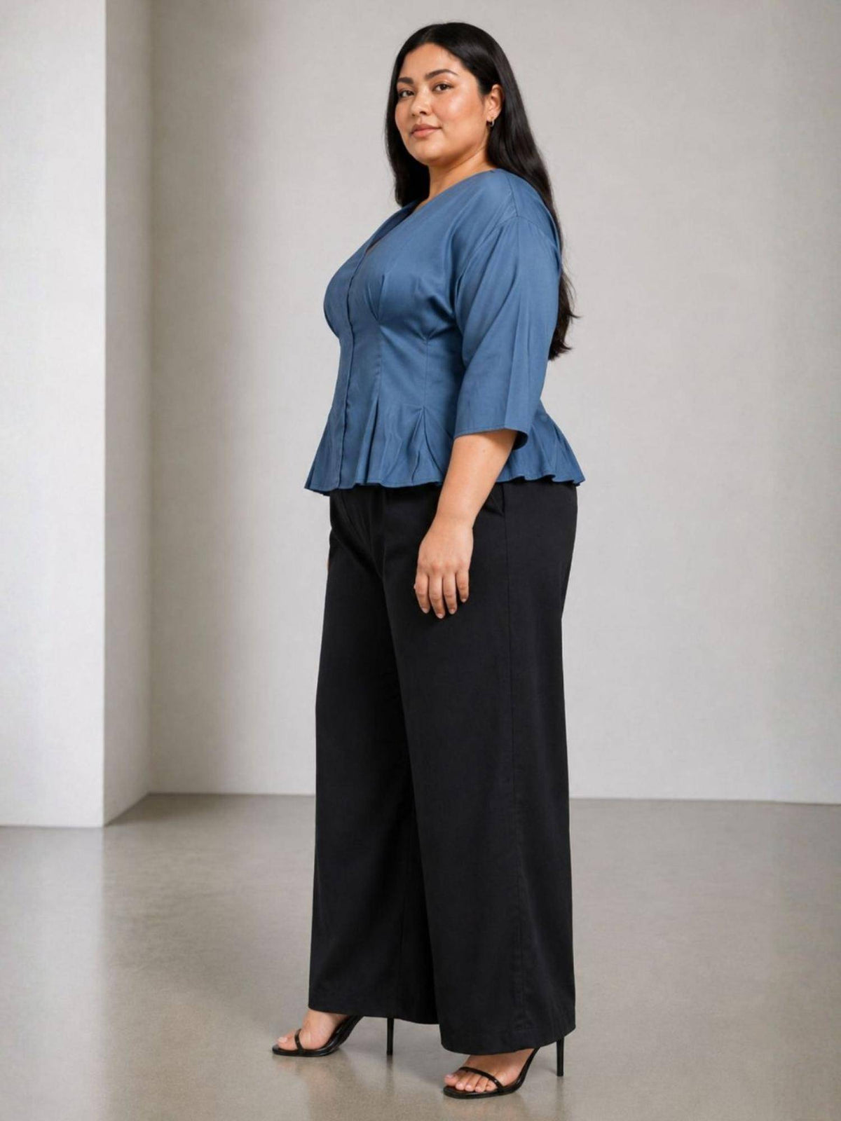 Blue Viscose Pleated Wrap Peplum Top | pt51 - view 2