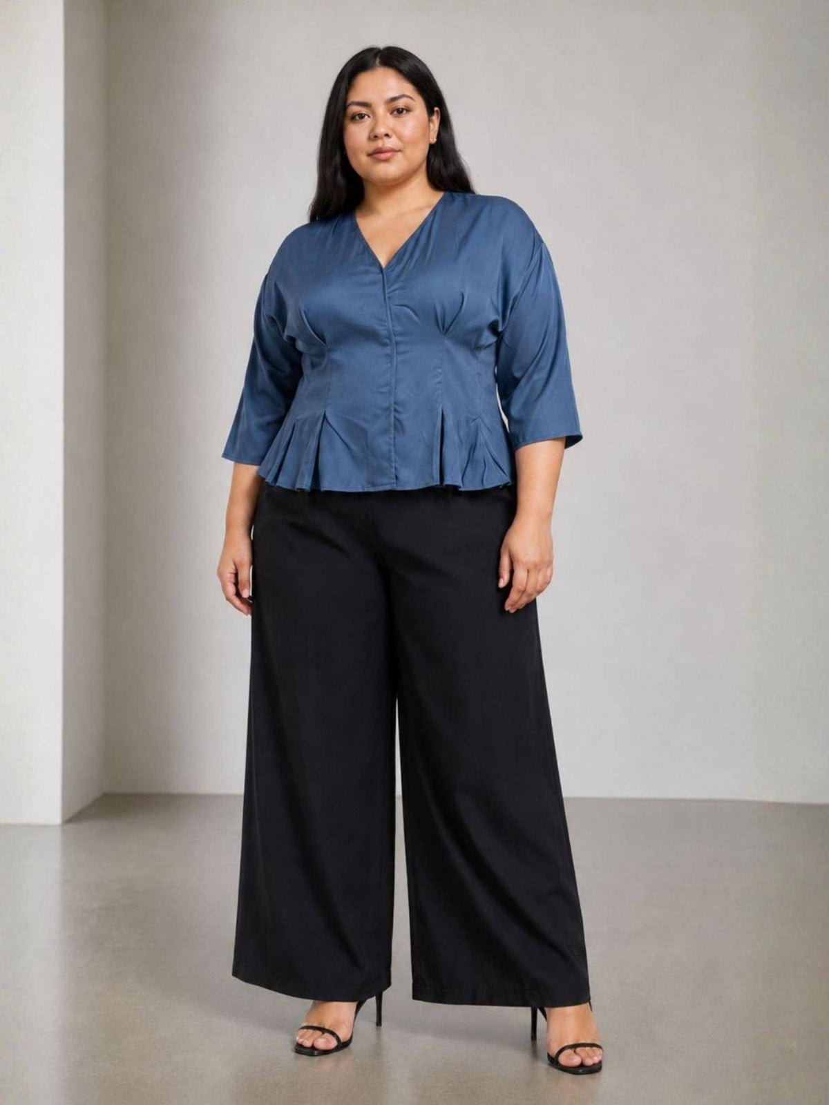 Blue Viscose Pleated Wrap Peplum Top | pt51 - view 3