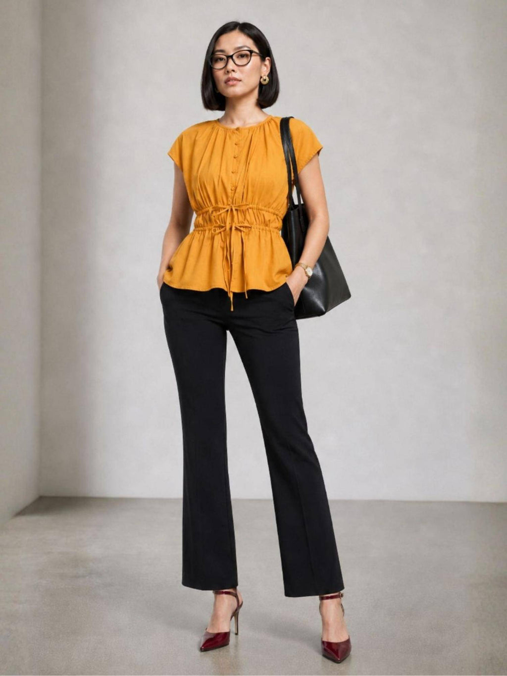 Mustard yellow Solid Cotton Waist Elasticated Top | pt51 - view 1