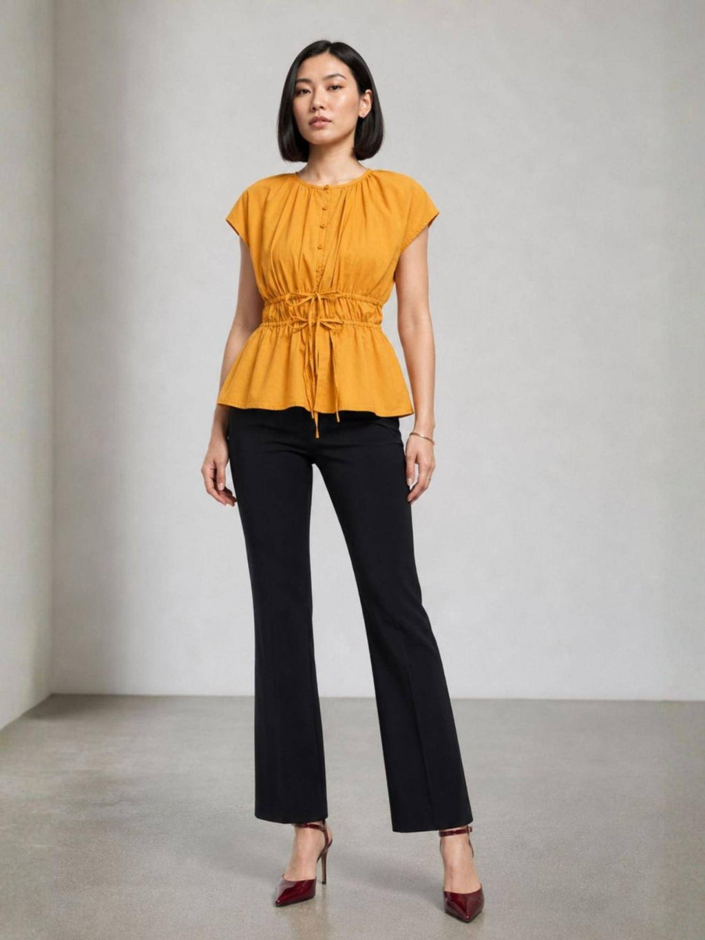 Mustard yellow Solid Cotton Waist Elasticated Top | pt51 - view 2