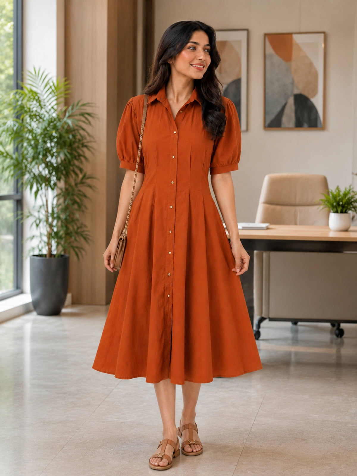 Women Orange Waist Pleated Dress | D56 - view 1