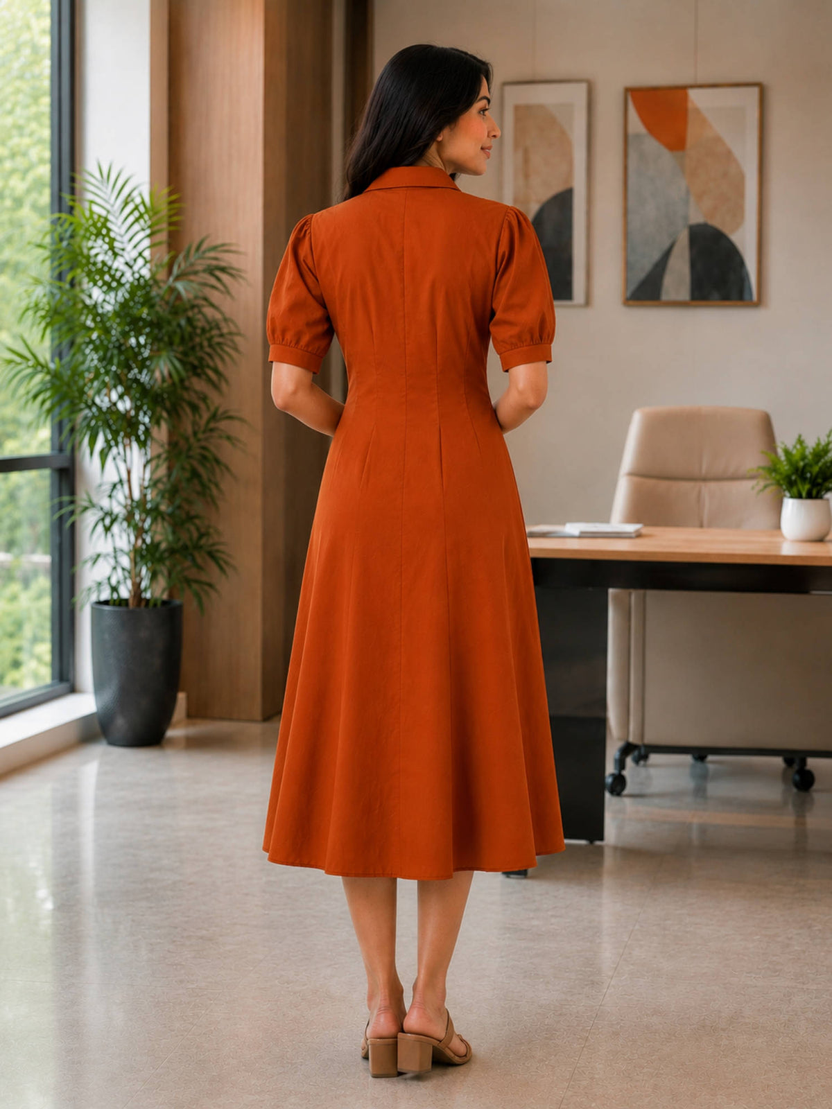 Women Orange Waist Pleated Dress | D56 - view 4