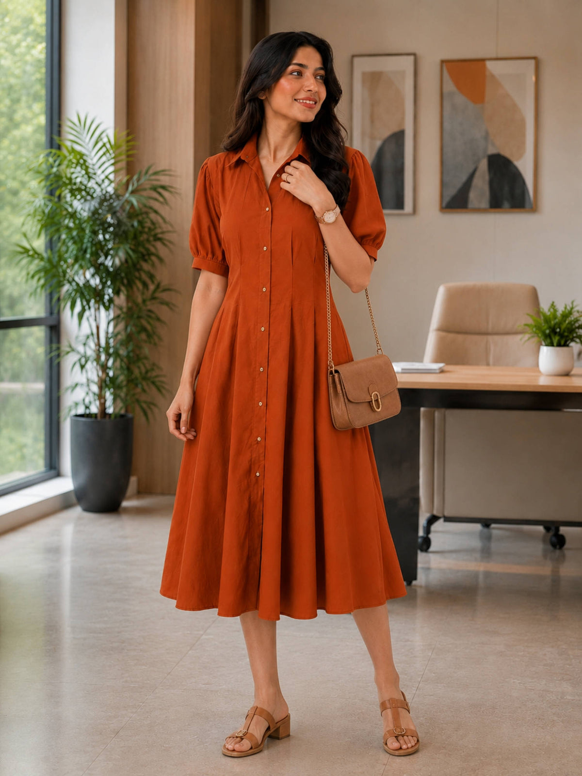 Women Orange Waist Pleated Dress | D56 - view 5