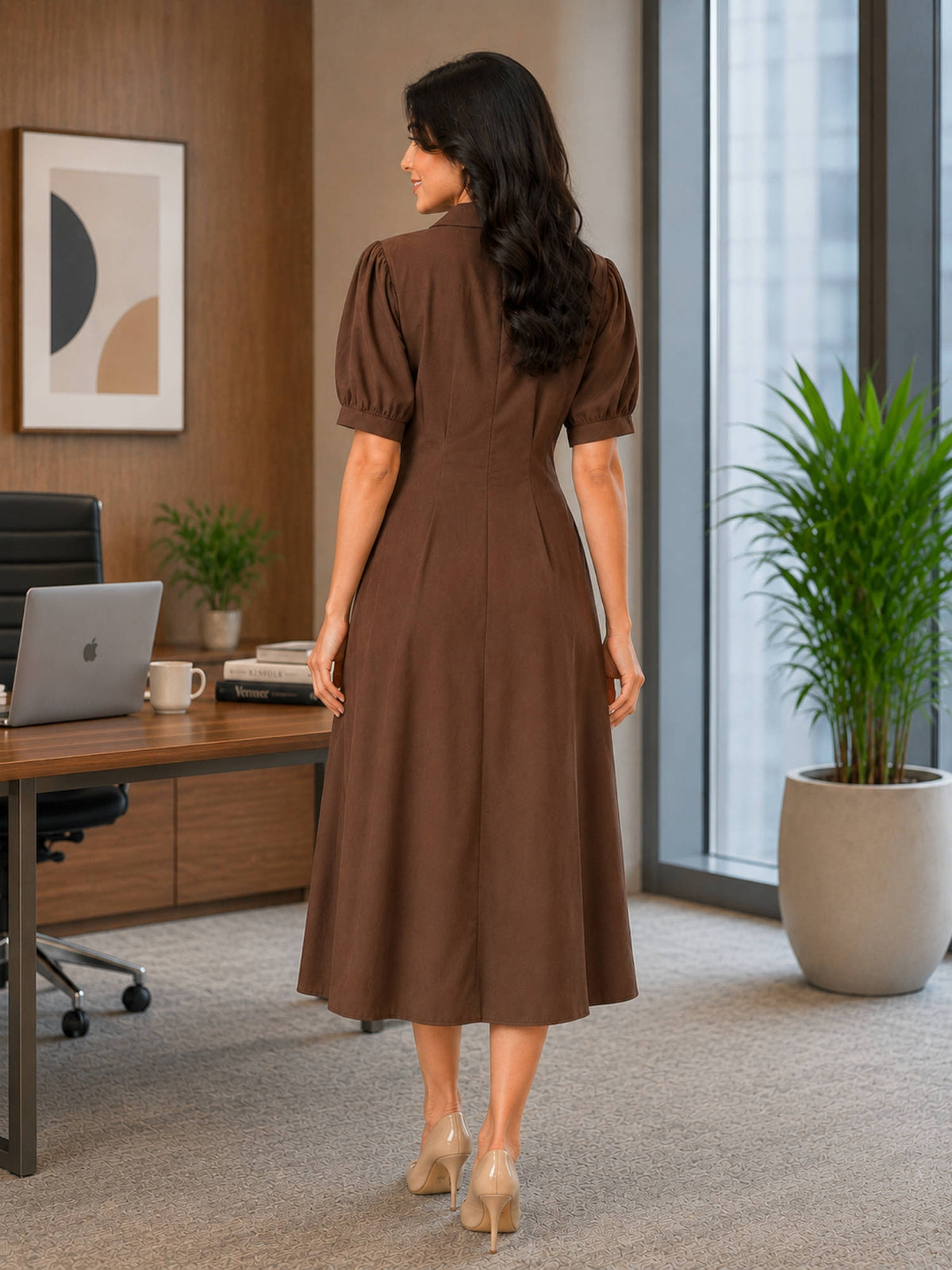 Women Brown Waist Pleated Dress | D56 - view 4