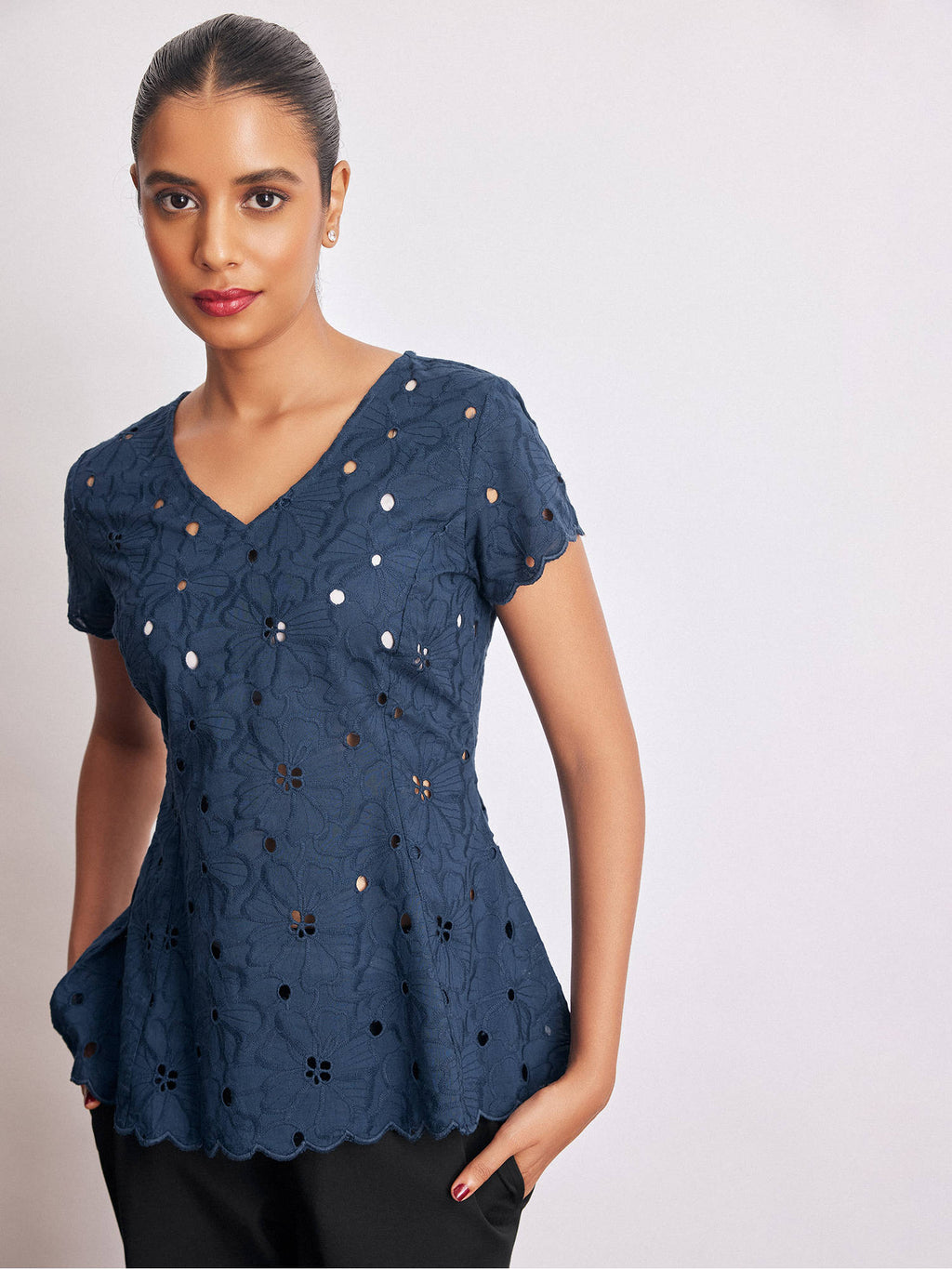 Navy Blue Schiffli Peplum Top | pt51 - view 1