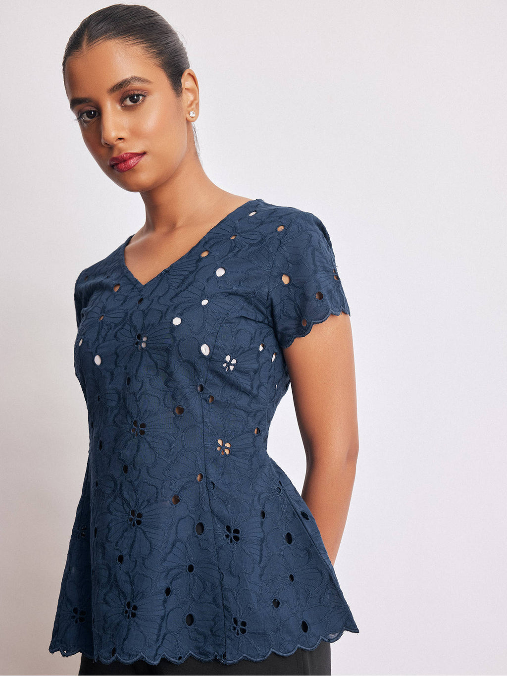 Navy Blue Schiffli Peplum Top | pt51 - view 2