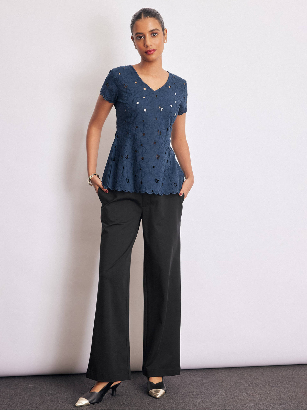 Navy Blue Schiffli Peplum Top | pt51 - view 4