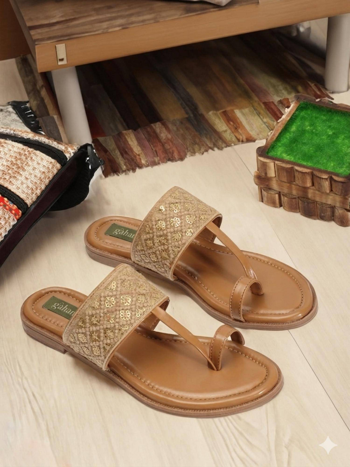 Womens Beige Patchwork Embellished Ethnic Flats | F61 - view 2