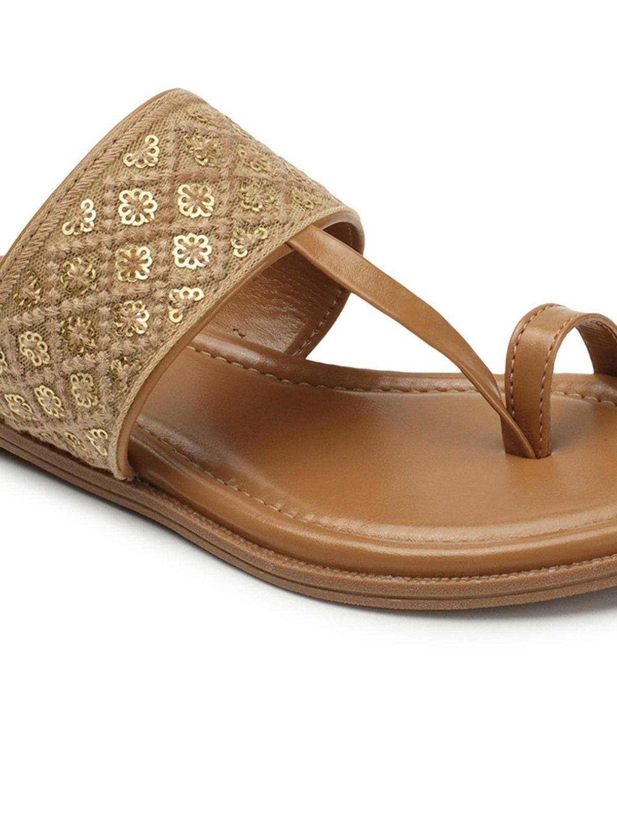 Womens Beige Patchwork Embellished Ethnic Flats | F61 - view 3