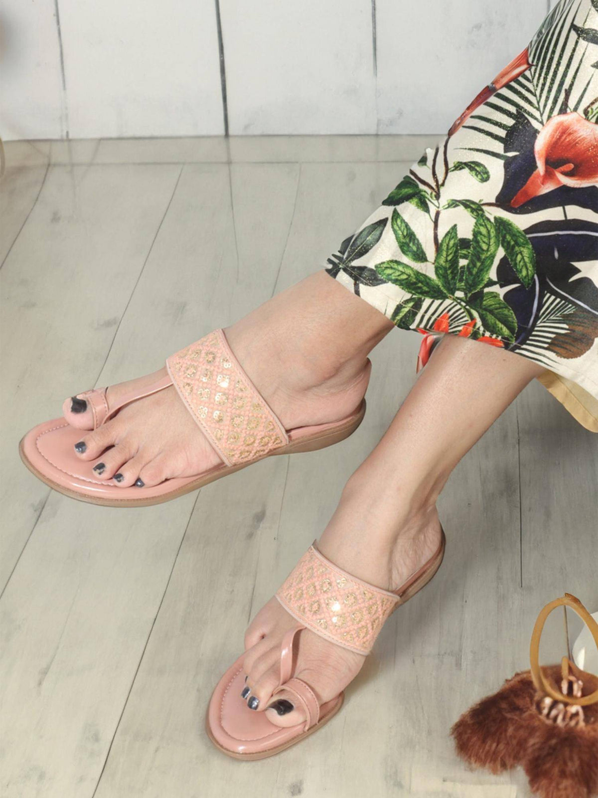 Womens Beige Patchwork Embellished Ethnic Flats | F61 - view 7