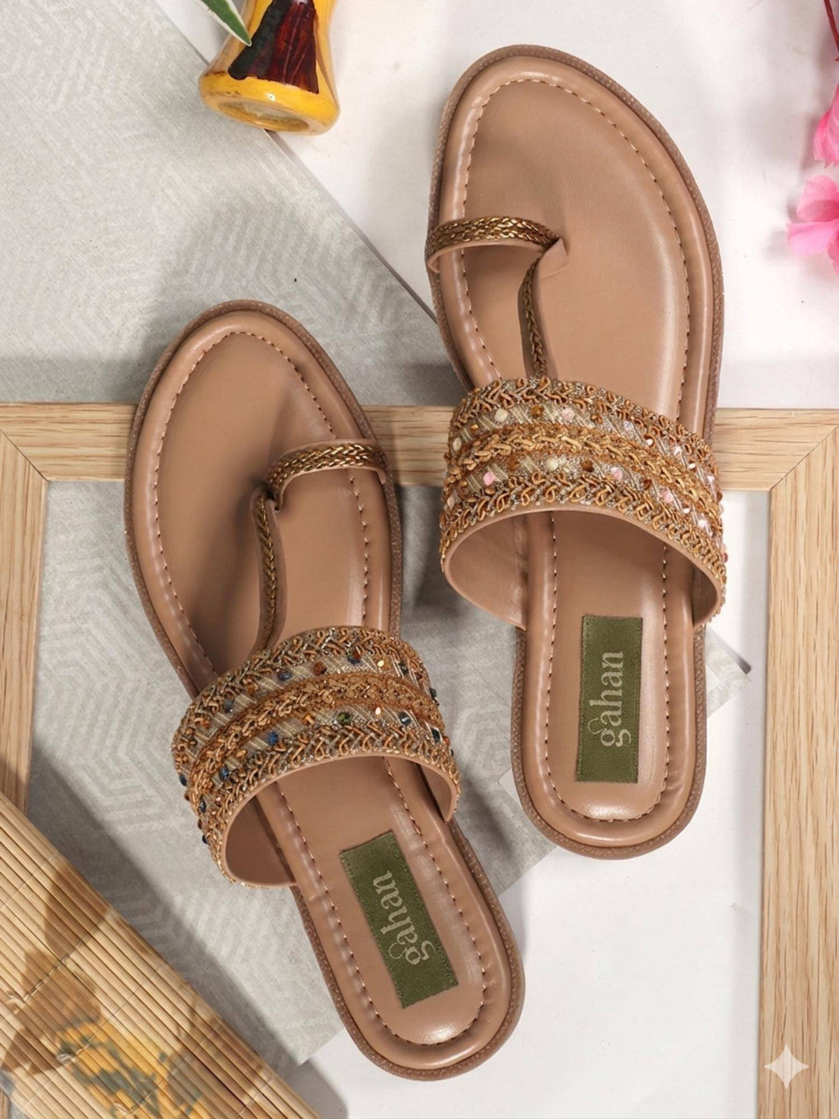 Womens Beige Ethnic-Embellished Flats | F61 - view 2