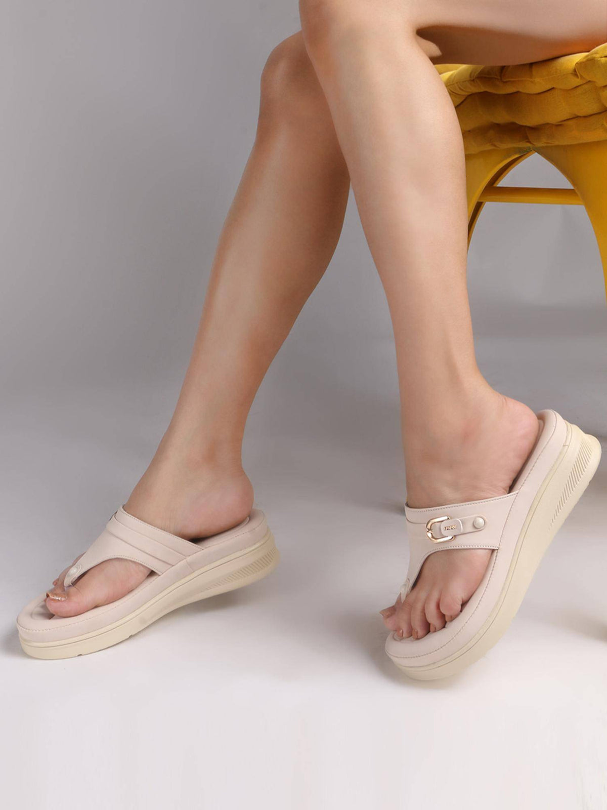 Womens Beige Toe Ring Design Platform Slip On Sandal Heels | H78 - view 11
