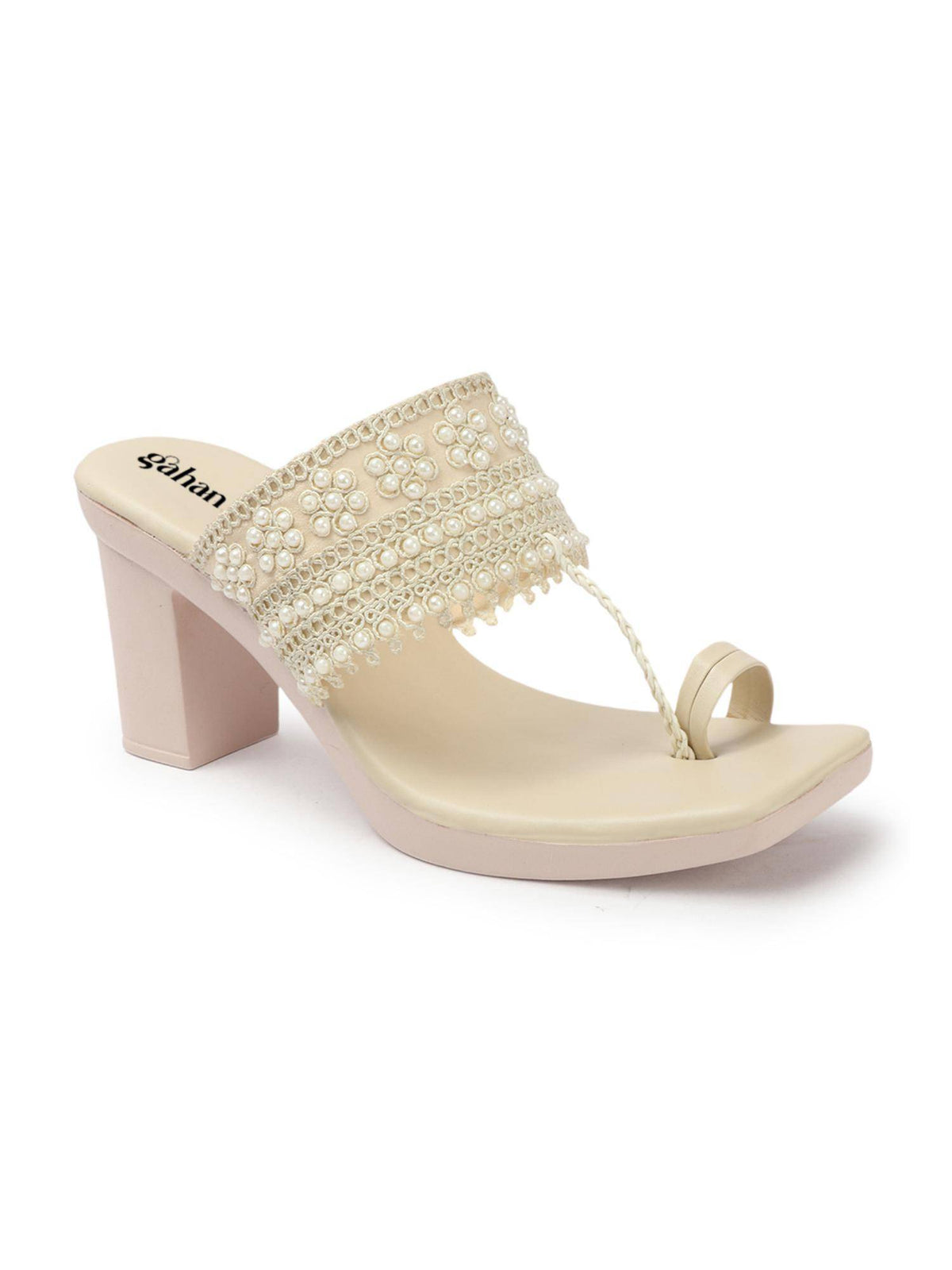 Womens Cream Pearl Embroidery Elegant Block Sandal Heels | H78 - view 2