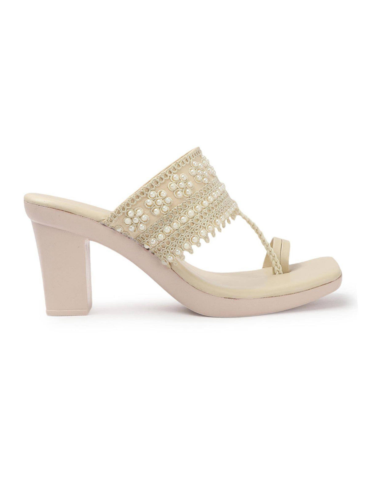 Womens Cream Pearl Embroidery Elegant Block Sandal Heels | H78 - view 3
