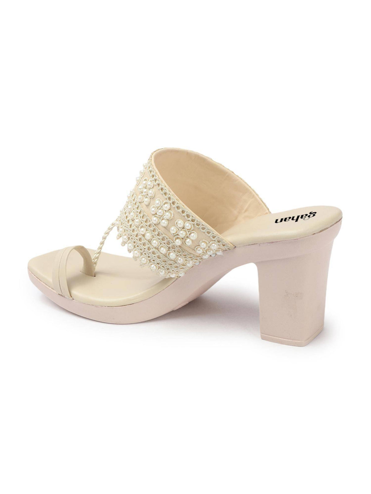 Womens Cream Pearl Embroidery Elegant Block Sandal Heels | H78 - view 4
