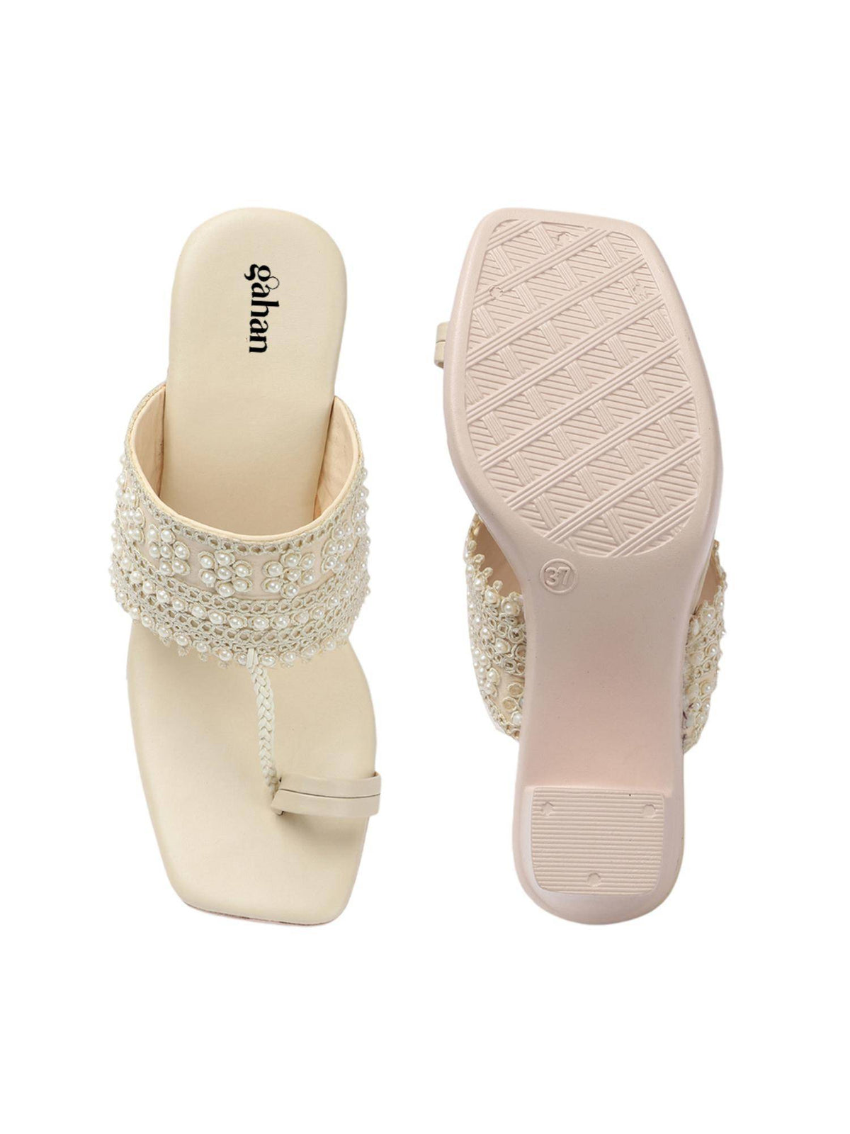Womens Cream Pearl Embroidery Elegant Block Sandal Heels | H78 - view 5