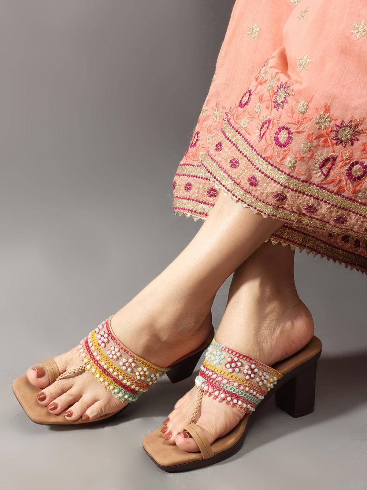 Womens Cream Pearl Embroidery Elegant Block Sandal Heels | H78 - view 26