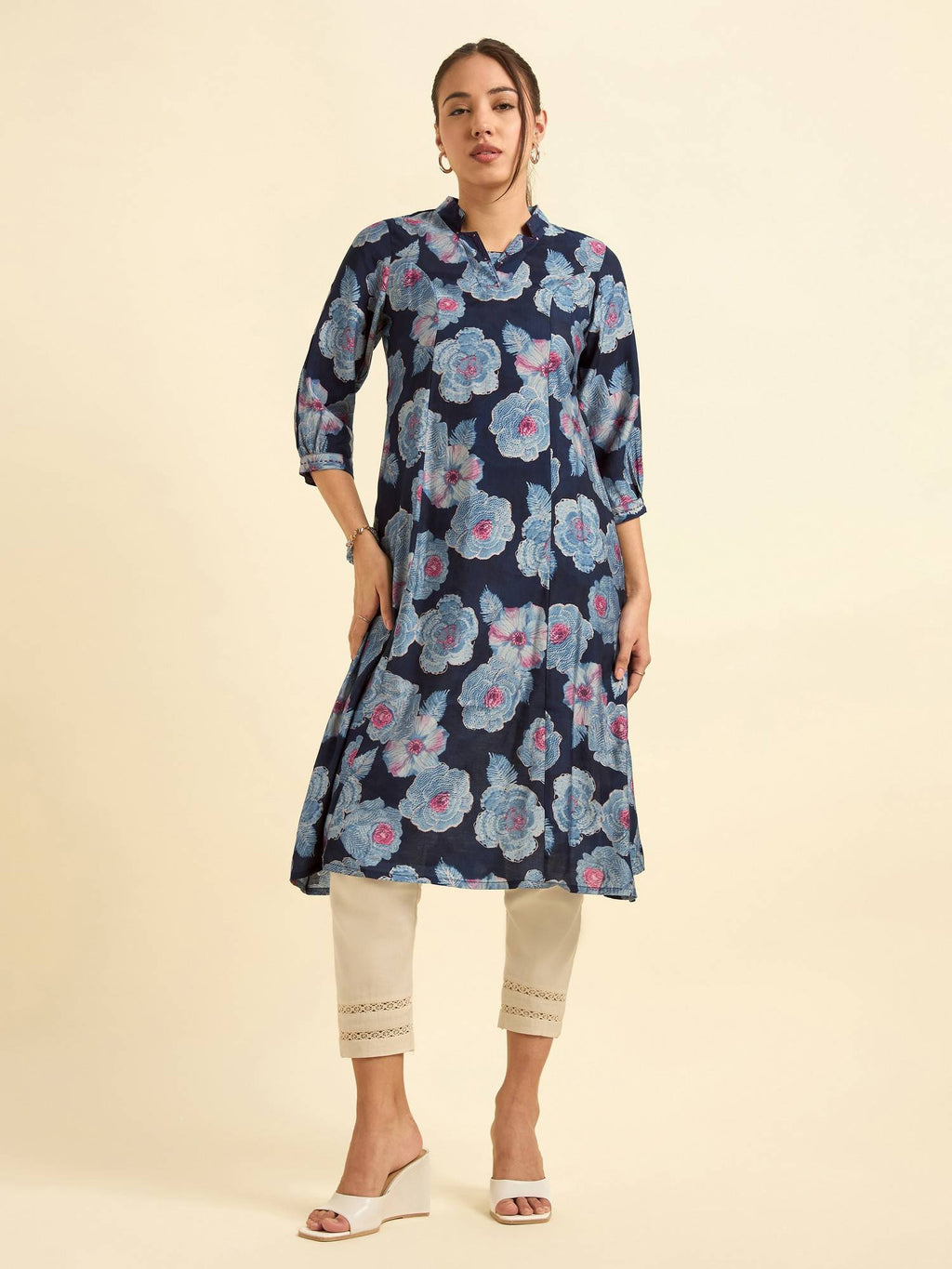 Chanderi Princess Cut Printed Embroidery Navy Blue Kurta | KDG - view 1