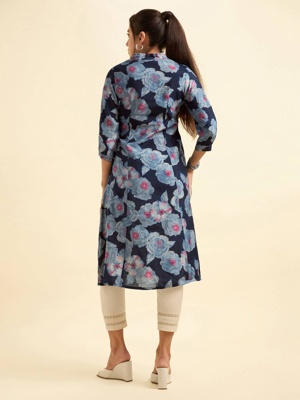 Chanderi Princess Cut Printed Embroidery Navy Blue Kurta | KDG - view 2