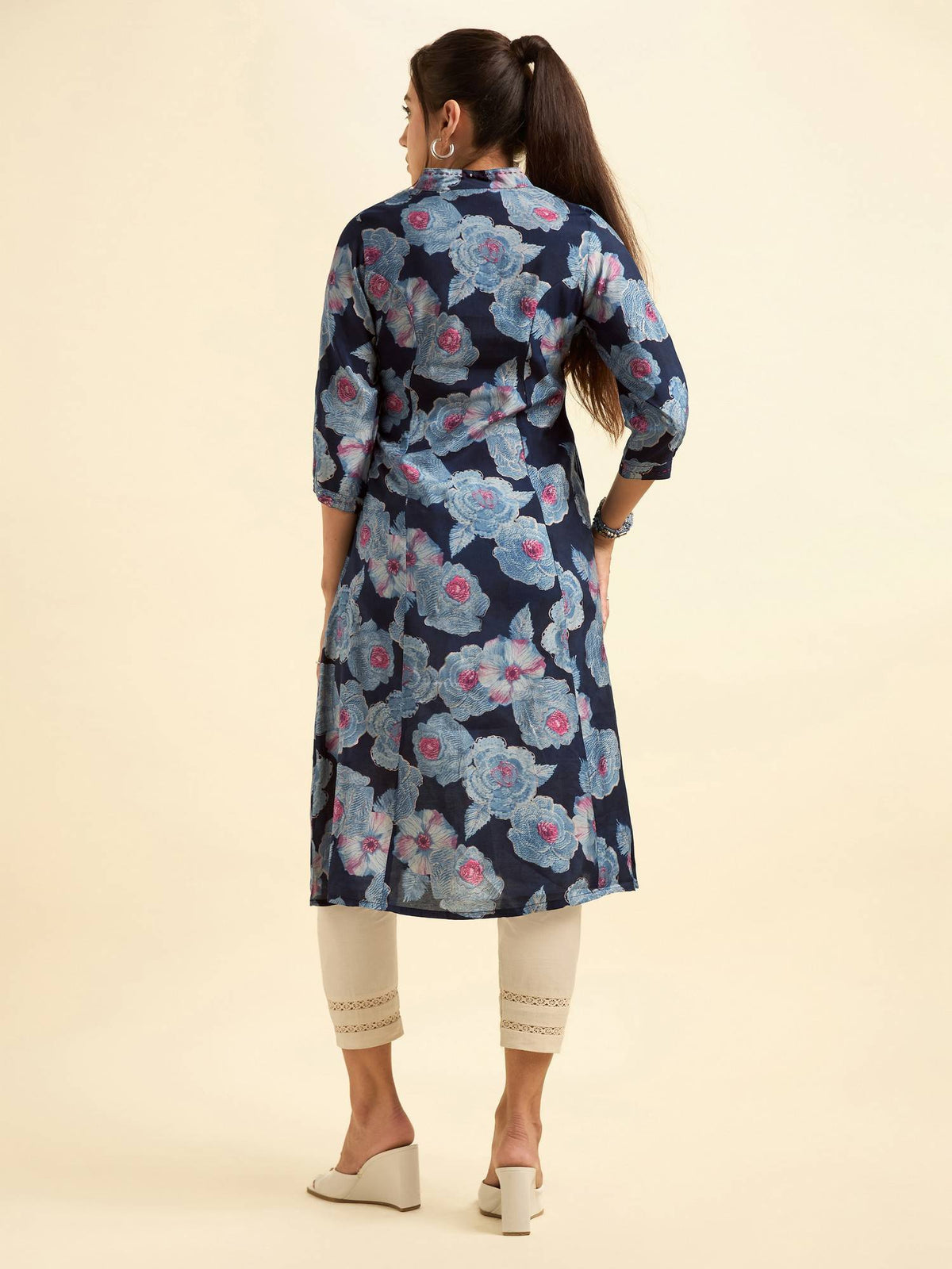 Chanderi Princess Cut Printed Embroidery Navy Blue Kurta | KDG - view 2
