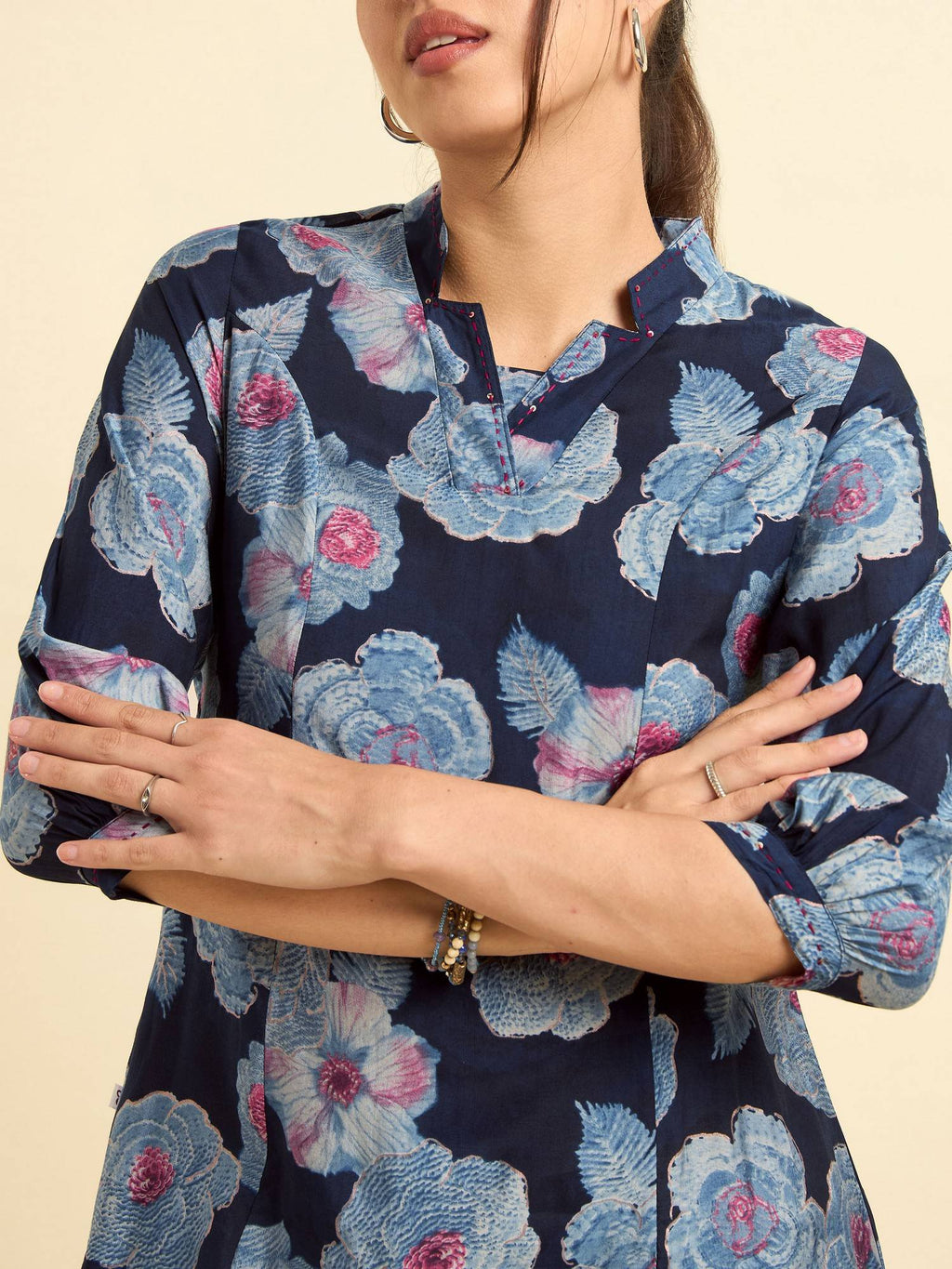 Chanderi Princess Cut Printed Embroidery Navy Blue Kurta | KDG - view 3