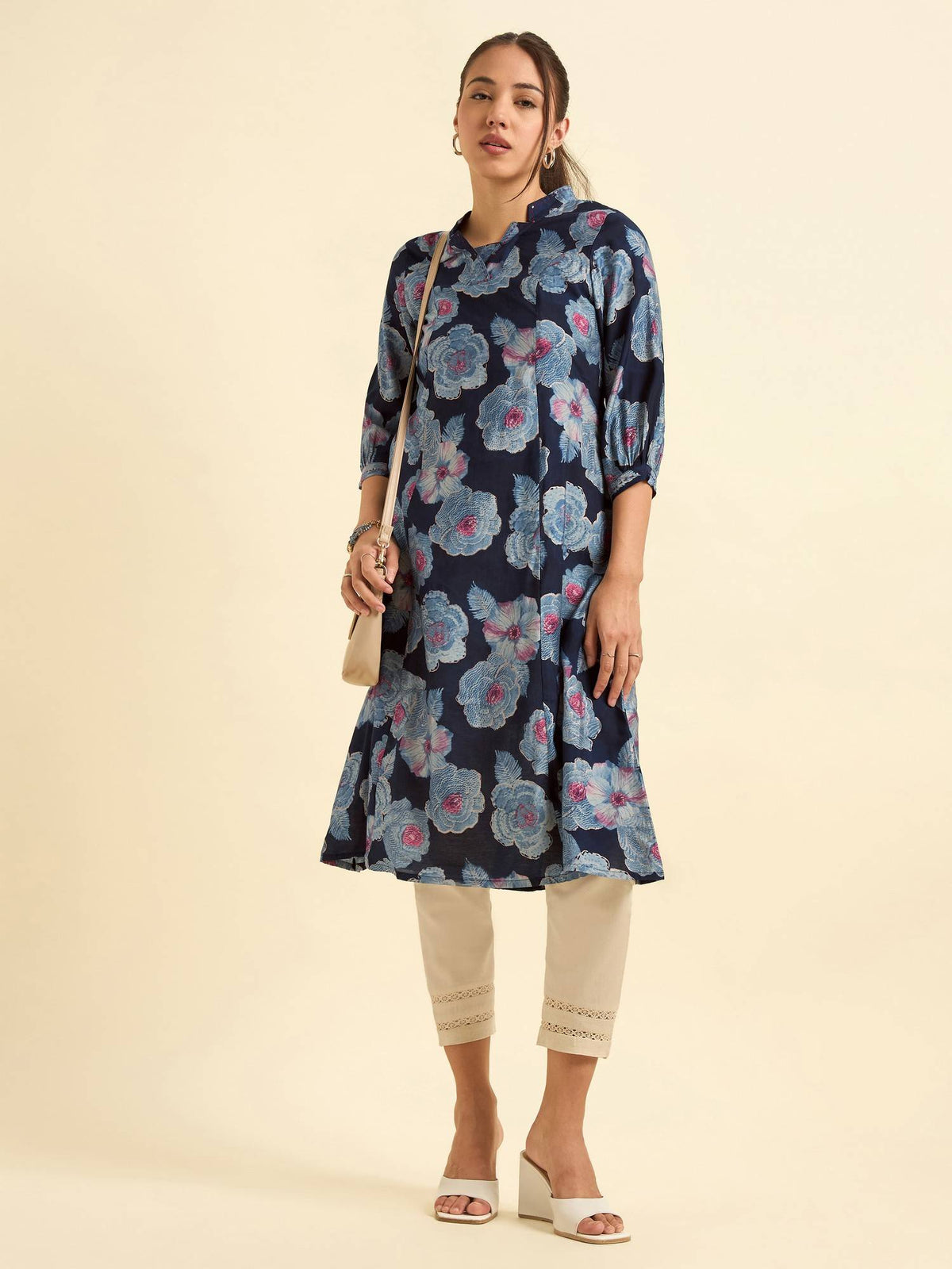 Chanderi Princess Cut Printed Embroidery Navy Blue Kurta | KDG - view 4