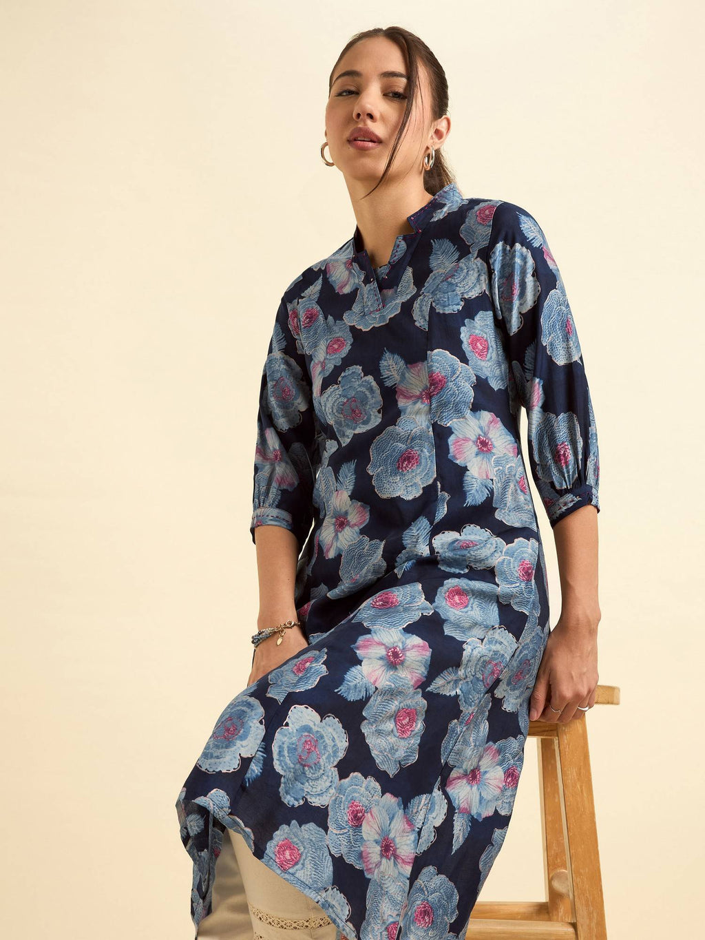 Chanderi Princess Cut Printed Embroidery Navy Blue Kurta | KDG - view 5