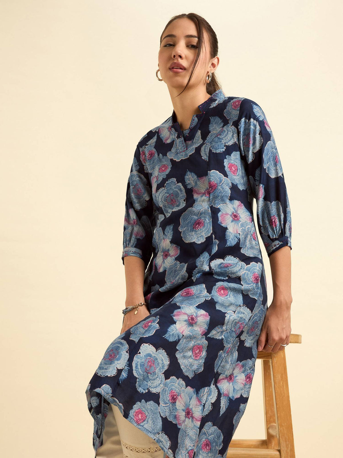 Chanderi Princess Cut Printed Embroidery Navy Blue Kurta | KDG - view 5