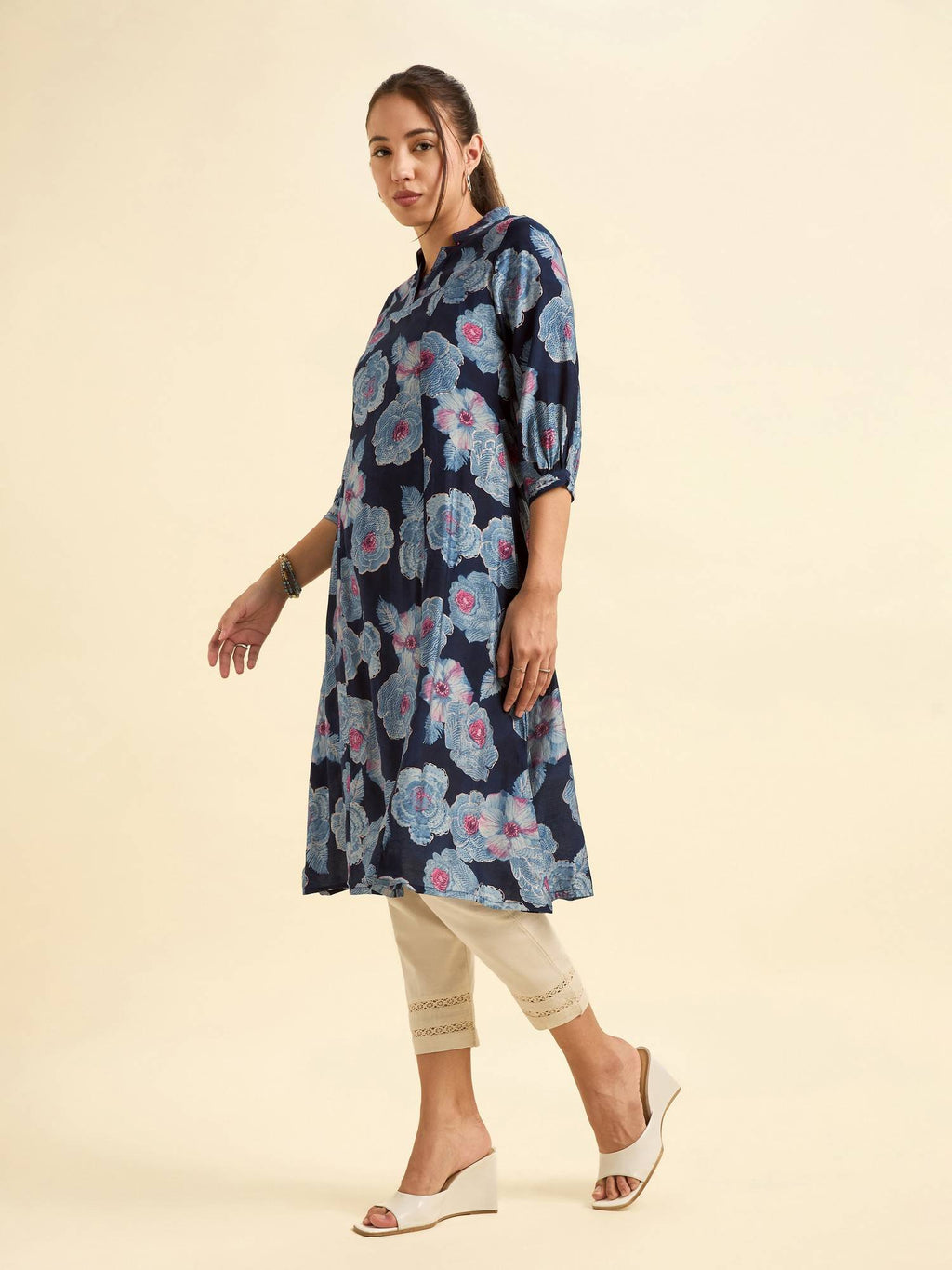 Chanderi Princess Cut Printed Embroidery Navy Blue Kurta | KDG - view 6