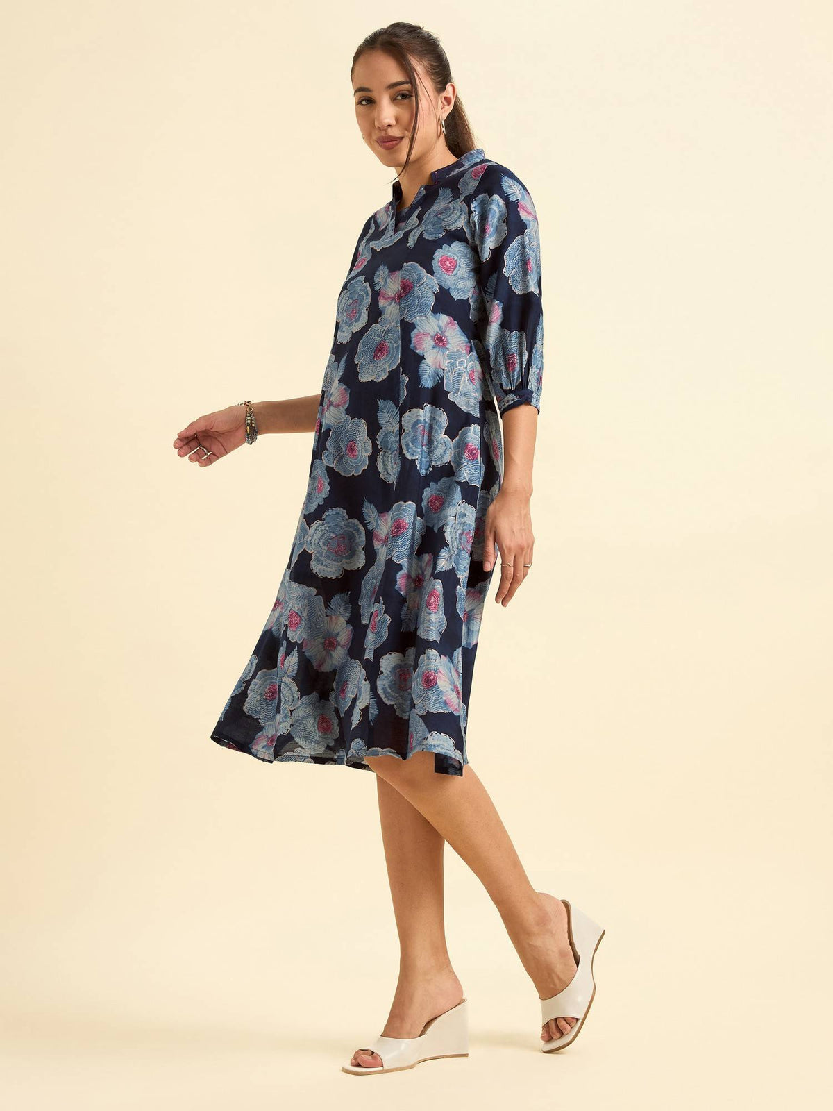 Chanderi Princess Cut Printed Embroidery Navy Blue Kurta | KDG - view 7