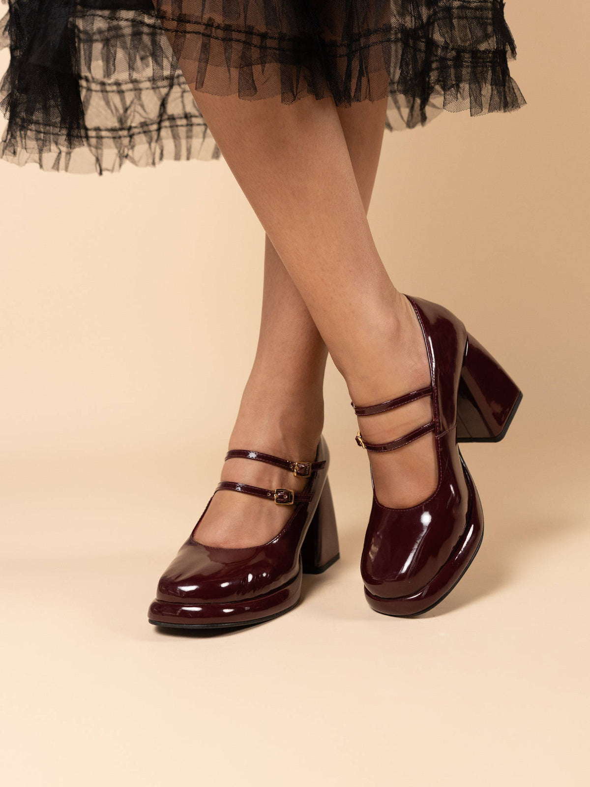 Women Freddie Hot Space Maroon Double-Strap Platform Heels | H78 - view 4