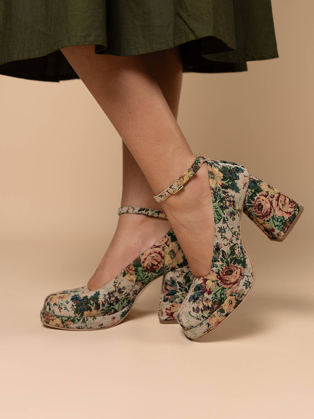 Women Bara's Floral Tapestry Round Toe Platform Heels | H78 - view 1