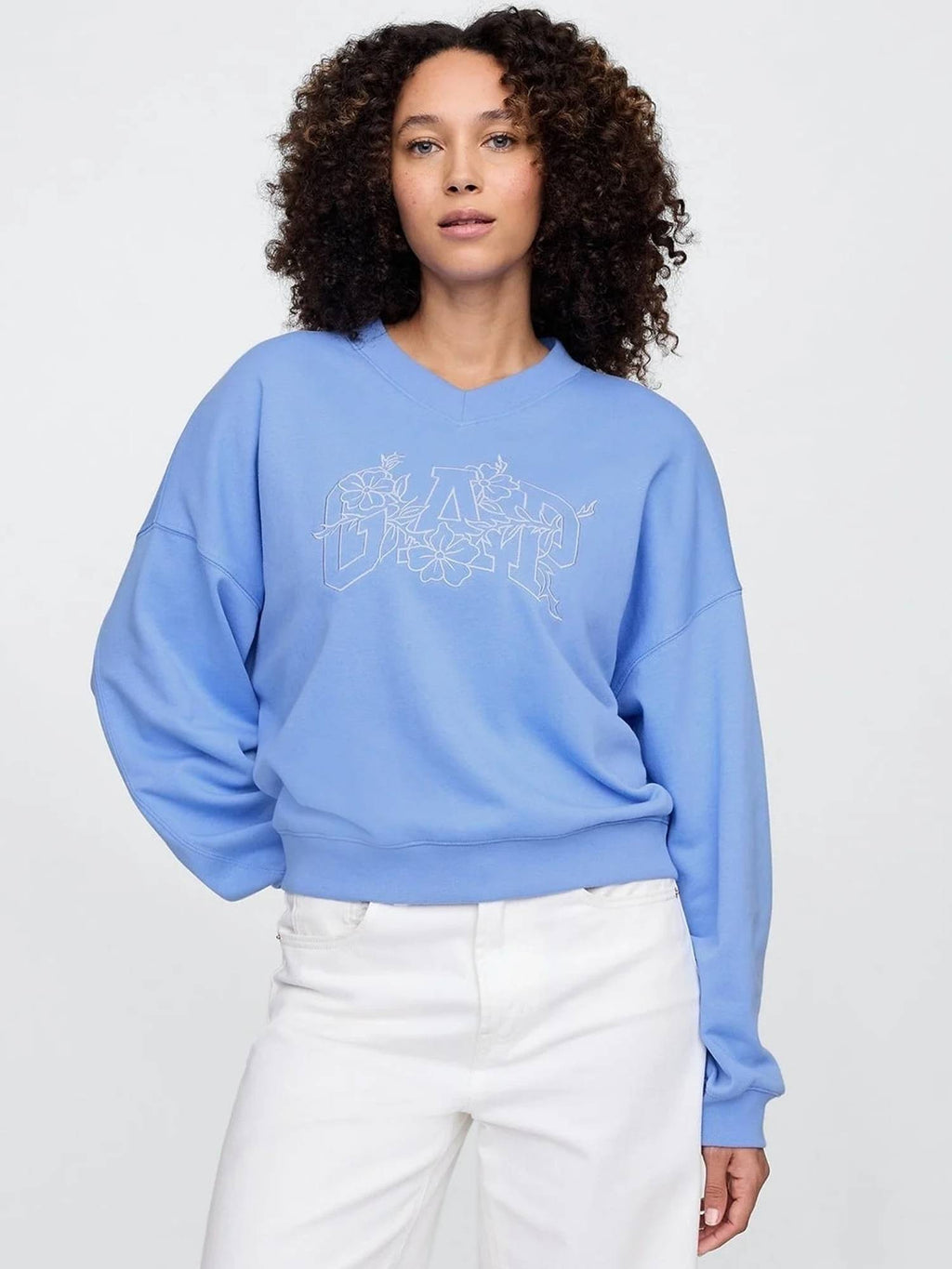 Women Blue Logo Pattern V-Neck Drop Shoulder Sweatshirt | HD56 - view 1