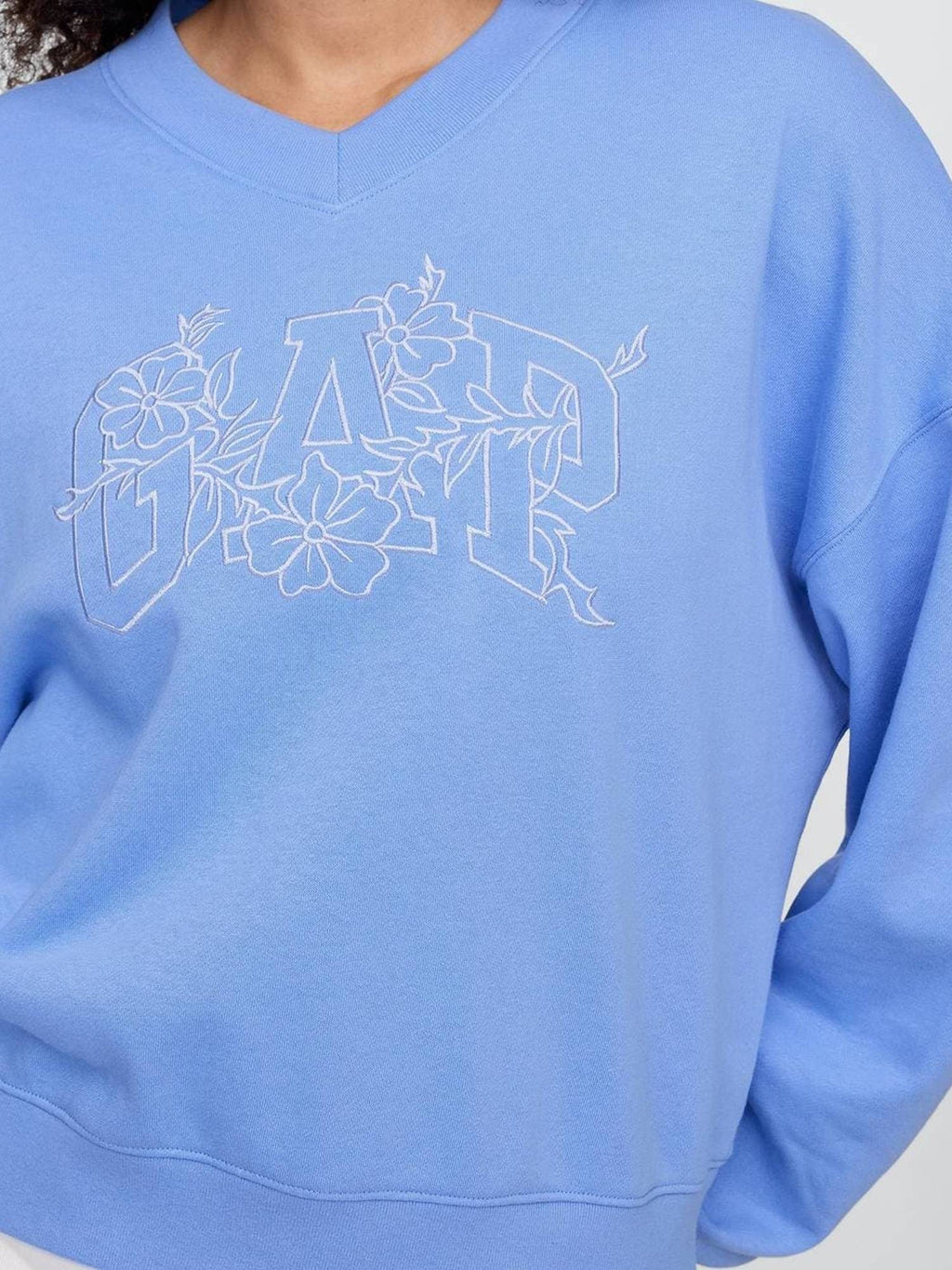 Women Blue Logo Pattern V-Neck Drop Shoulder Sweatshirt | HD56 - view 2