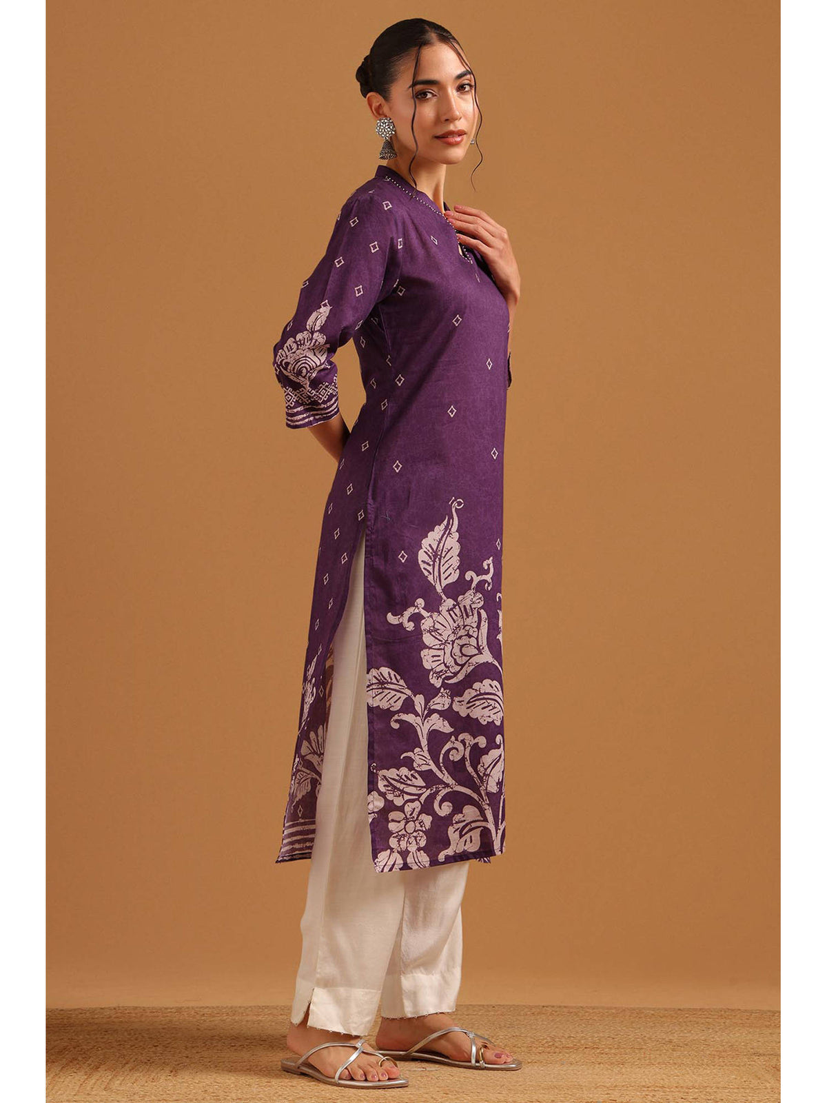 Purple Cotton Botanical Block Print Kurta | KDG - view 2