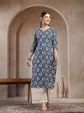 Women's Blue Floral Printed Cotton Straight Kurta | KDG - view 1