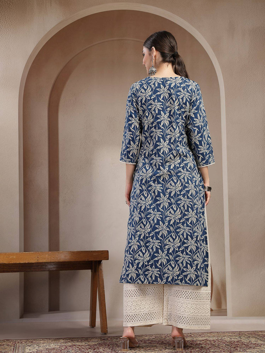 Women's Blue Floral Printed Cotton Straight Kurta | KDG - view 2