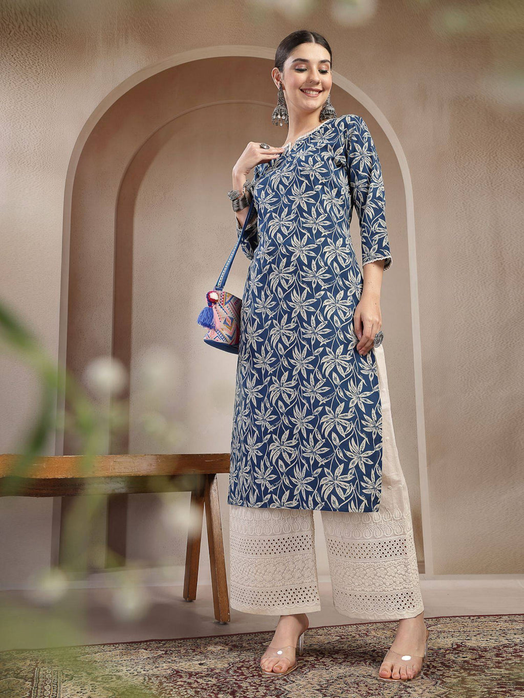 Women's Blue Floral Printed Cotton Straight Kurta | KDG - view 7