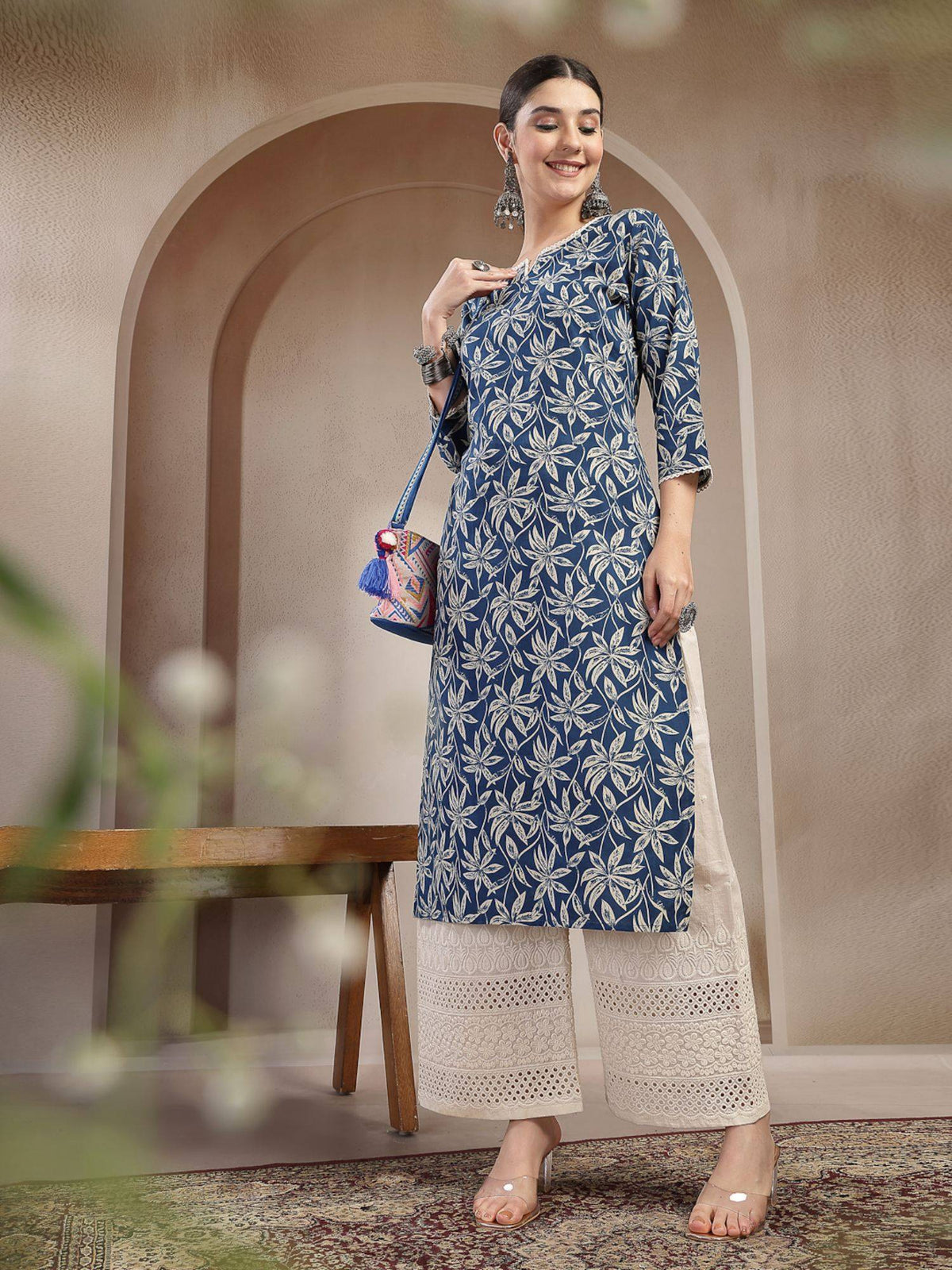 Women's Blue Floral Printed Cotton Straight Kurta | KDG - view 7