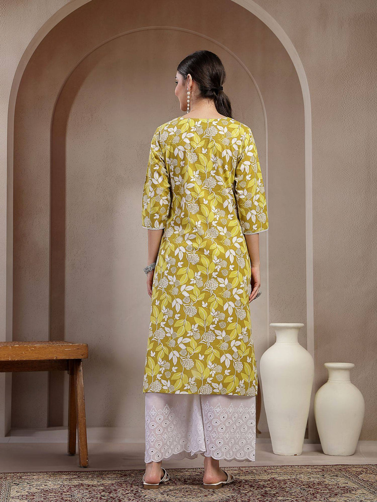 Women's Blue Floral Printed Cotton Straight Kurta | KDG - view 45