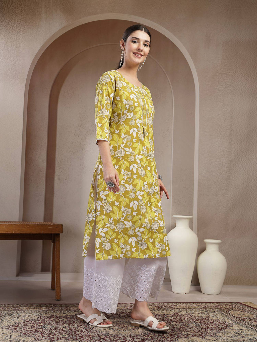 Women's Blue Floral Printed Cotton Straight Kurta | KDG - view 46