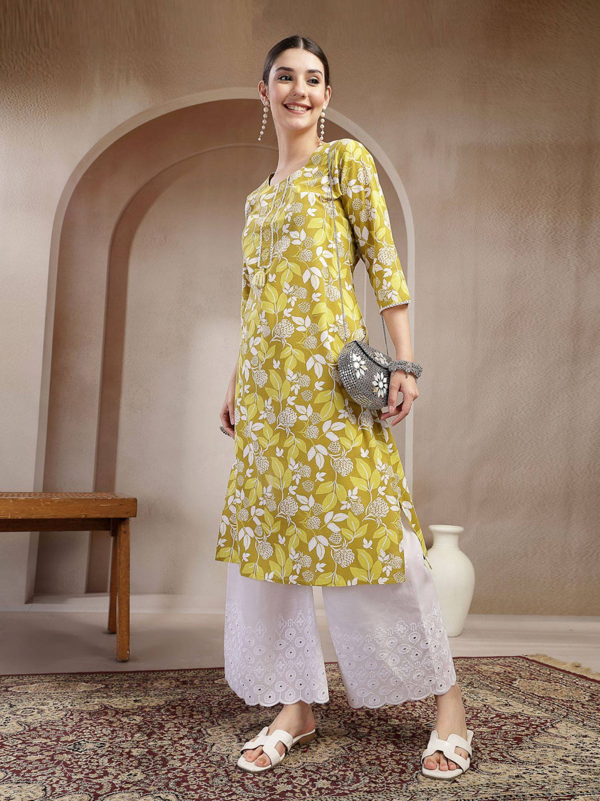 Women's Blue Floral Printed Cotton Straight Kurta | KDG - view 48
