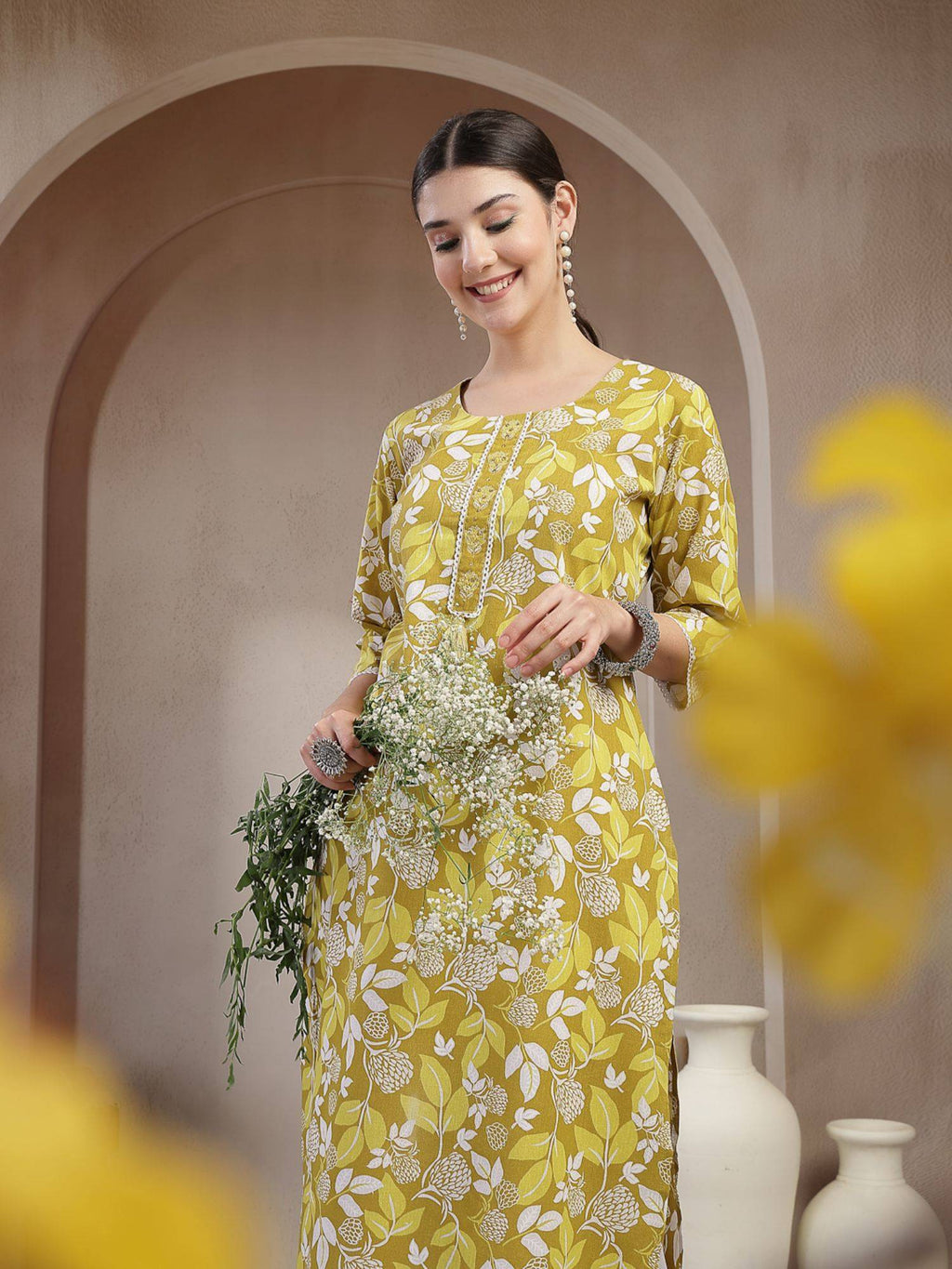 Women's Blue Floral Printed Cotton Straight Kurta | KDG - view 50