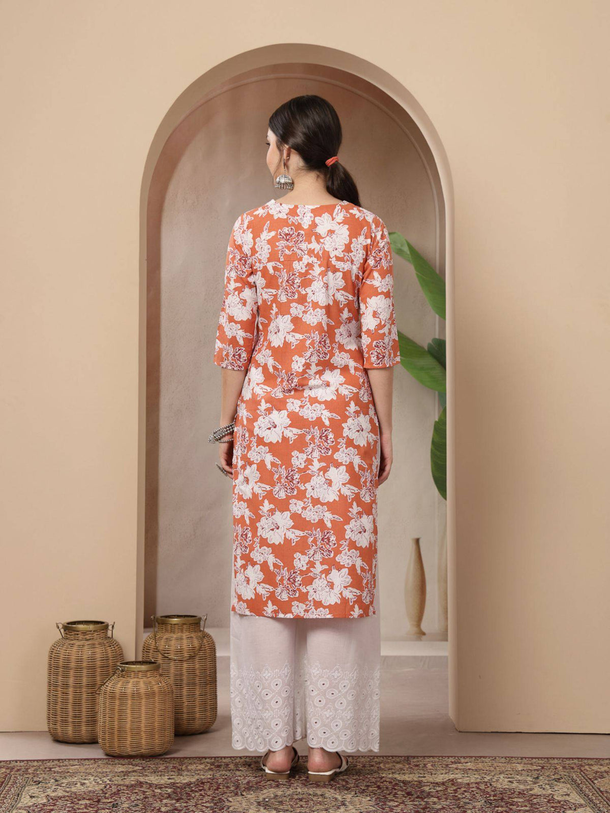 Women's Blue Floral Printed Cotton Straight Kurta | KDG - view 30