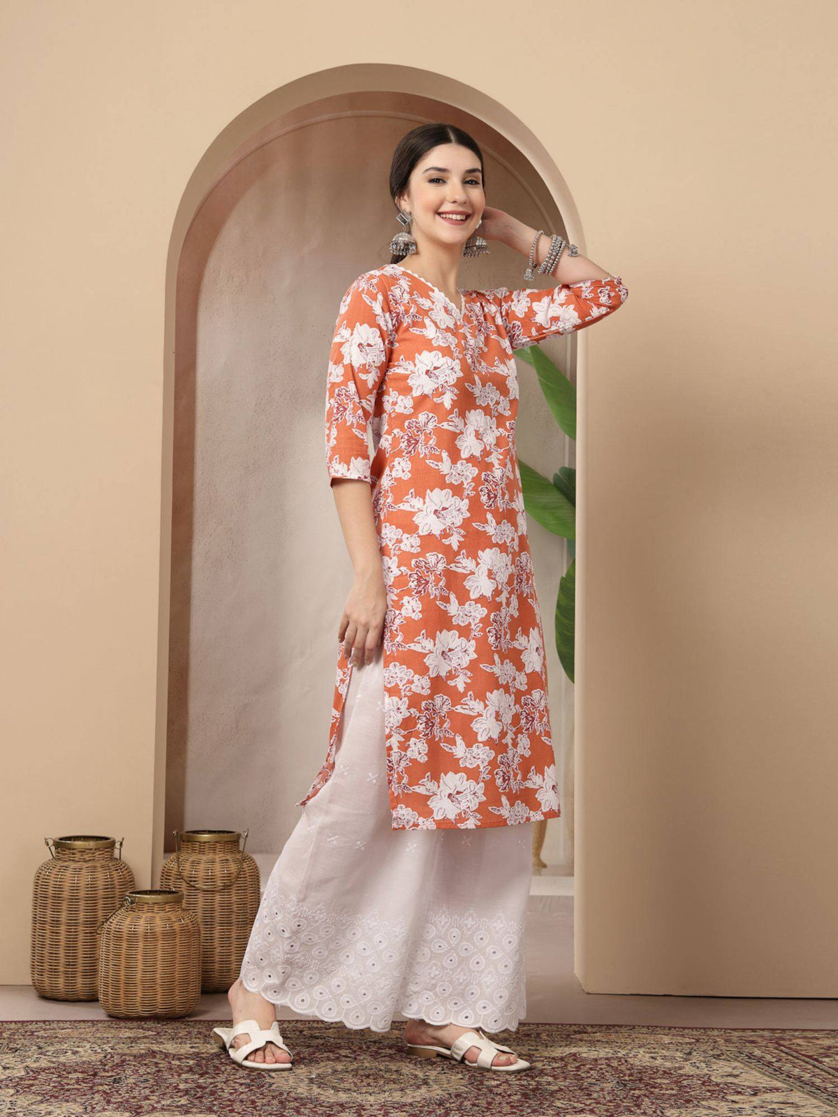 Women's Blue Floral Printed Cotton Straight Kurta | KDG - view 31
